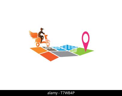 A delivery man riding the moto on the map for logo design Stock Vector