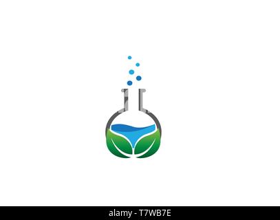 Beaker Lab round flask with a chemical substance inside and leaves make Bubbles for logo design Stock Vector