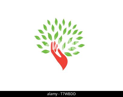 Tree trunk hand and green leaves logo design illustrator, nature icon Stock Vector