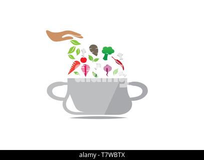 Saucepan with food ingredients cooking for logo design, cooking vegetables in the pot icon illustrator Stock Vector