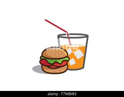 Cup of juice with square ice cubes and big hamburger Sandwich with meat and vegetable inside for design illustrator, chheeseburger icon Stock Vector