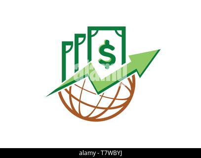 Money chart in the globe icon for logo design illustrator, statistic symbol, arrow grow up icon Stock Vector
