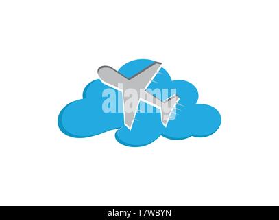 Flying plane in the sky across the clouds for logo design illustration, trip icon, travel symbol Stock Vector