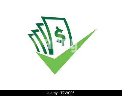 Money with check mark for logo design illustrator, good deal symbol, investment business icon Stock Vector