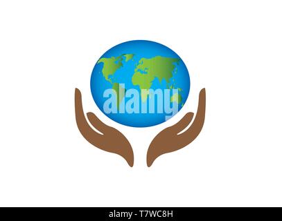 planet map with hands world envirenment care for logo design vector, protect the globe icon, save earth symbol Stock Vector