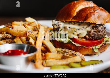 Shallot Tarragon Cheeseburger with french fries plated, restaurant quality Stock Photo