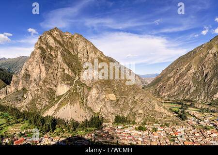 Aerial view at Pinkuylluna archeological site located on mountain side, above city of Ollantaytambo in a Sacred Valley of Incas, Peru. Stock Photo