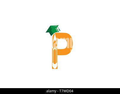 An alphabet P with a graduation hat and pen for logo design Stock Vector