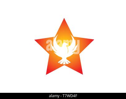 Phoenix flying bird inside the star and eagle open wings Logo Stock Vector