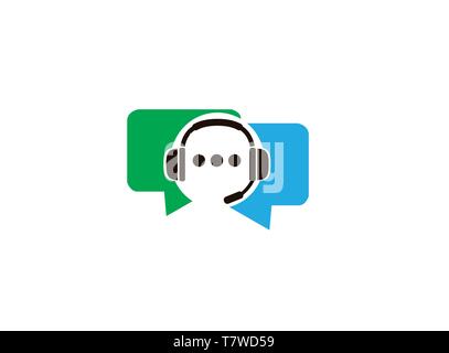 Headphone or headset inside chat communication symbol and customer service for logo design Stock Vector