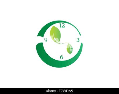 Clock with leaves as clockwise symbol to save nature for logo design Stock Vector