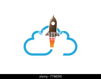 flying rocket across a big cloud for logo design Stock Vector
