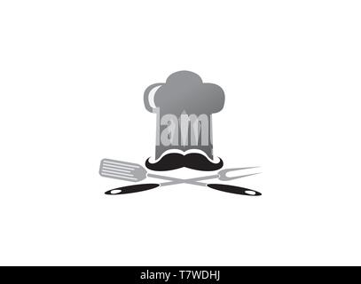Cooker hat and mustache with grill tools a spatula and fork for logo design Stock Vector