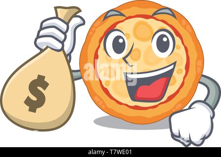 With money bag cheese pizza served on cartoon board Stock Vector
