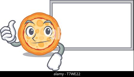 Thumbs up with board cheese pizza served on cartoon board Stock Vector