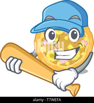 Playing baseball hawaiian pizza isolated in the character Stock Vector