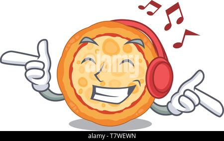 Listening music cheese pizza in the cartoon shape Stock Vector