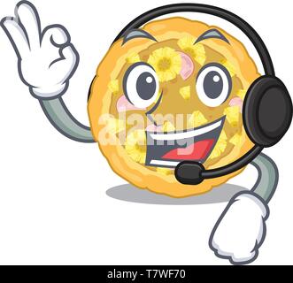 With headphone hawaiian pizza above wooden cartoon table Stock Vector
