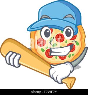 Playing baseball margherita pizza in a cartoon oven Stock Vector