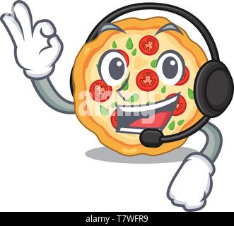 With headphone margherita pizza in the mascot shape Stock Vector
