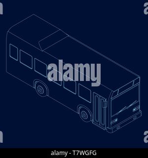Contour of the bus of blue lines on a dark background. Isometric view. Vector illustration Stock Vector