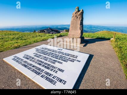 France, Puy-de-Dome, UNESCO World Heritage site, regional nature reserve of Auvergne Volcanoes, Puy de Dome (alt :1465m), tribute to Eugene Renaux and Albert Senouque for the flight Paris-top of Puy de Dome in less than 6 hours in 1911 Stock Photo