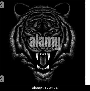 The Vector logo tiger for tattoo or T-shirt design or outwear.  Hunting style tigers print on black background. Stock Photo