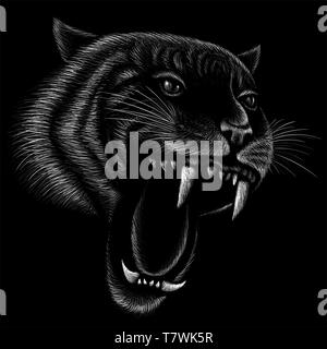 The Vector logo tiger for tattoo or T-shirt design or outwear.  Hunting style tigers print on black background. Stock Photo