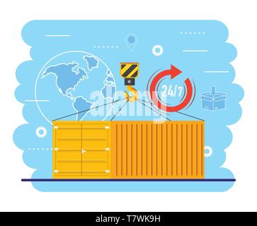 containers with crane hook and global map service vector illustration Stock Vector