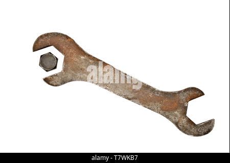 Old wrench and bolt isolated on white background. Stock Photo