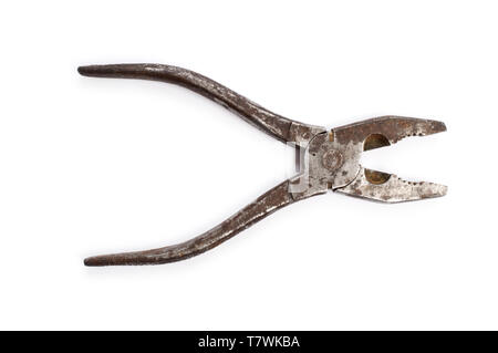 Old rusty pliers on white background. Stock Photo