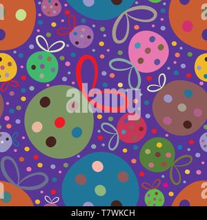 Vibrant fun multicolor Christmas baubles on purple dotted background. Seamless vector tossed repeat pattern. Great for christmas projects, giftwrap Stock Vector
