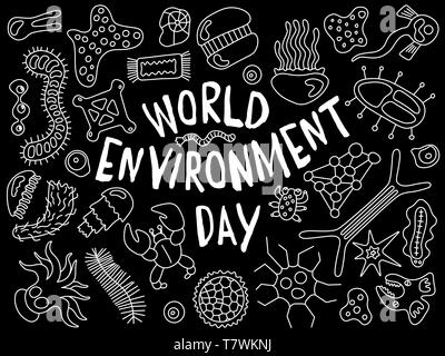 World environment day doodle. Various microorganisms background pattern. Backdrop with infectious germs, protists, microbes, disease causing bacteria, Stock Vector