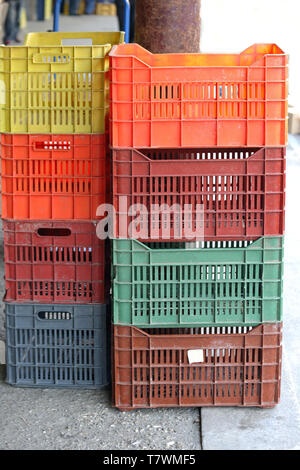 Plastic Crates Stack for Produce at Farmers Market Stock Photo