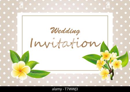 Elegant frame wedding invitation with plumeria flowers on polka dot background Stock Vector