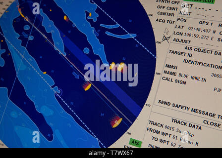 malacca strait, malaysia - 2006-09-20: the electronic chart information display information system (ecdis) on the bridge of the southbound german cont Stock Photo