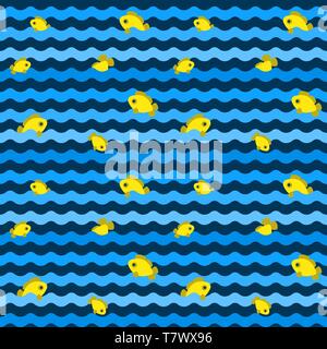 Fish and waves in the style of flash. Use seamless pattern for textiles, backgrounds and baby clothes. Stock Vector