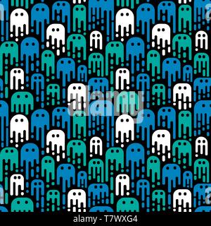 Cute cartoon ghosts on a black background. Vector seamless pattern. Use in the design of Halloween or for children's pattern. Stock Vector