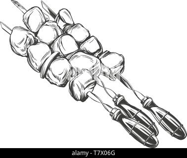 kebab, shashlik, grilled on a skewer, food meat, hand drawn vector illustration realistic sketch Stock Vector