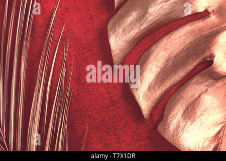 Closeup of golden palm and monstera leaves on abstract red textured background. Tropical conceptual elegant trendy summer background. Flat lay. Copy s Stock Photo