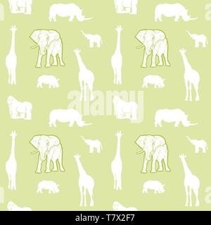 Seamless light green safari animals. Well crafted hand-drawn silhouettes print template for textile design. Stock Vector