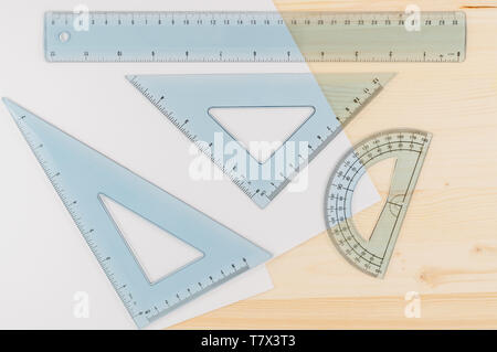 Ruler Combo Set. Ruler, Protractor, Triangle, Top View, Close Up Stock Photo