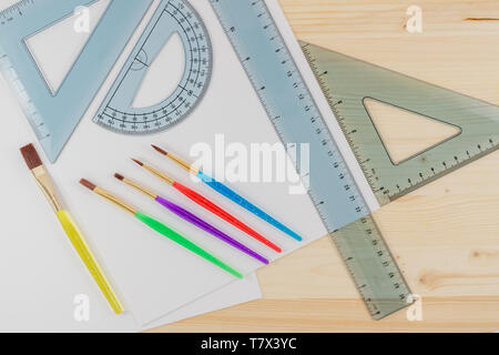 Ruler Combo Set and Brush Set, Top View, Close Up Stock Photo