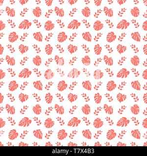 Seamless pattern with tropical monstera leaves. Vector illustration. Seamless background with pink leaves Stock Vector