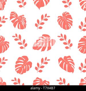 Seamless pattern with tropical monstera leaves. Vector illustration. Seamless background with pink leaves Stock Vector