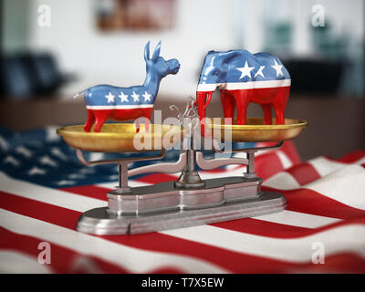 Republican and Democrat party political symbols elephant and donkey on American flag. 3D illustration. Stock Photo