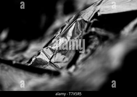 Macro, absract  image of wrinkled aluminium foil packaging Stock Photo