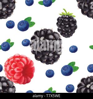 Realistic Blackberry blueberry and raspberry seamless pattern. Stock Vector