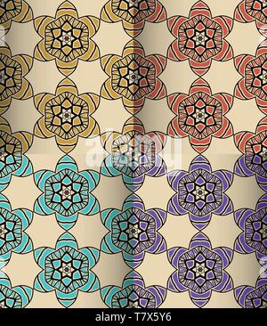 Flower geometry seamless pattern for fabric, clothes. Warm colors Stock Vector