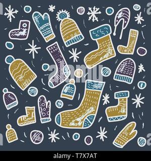 Knitted clothes collection. Warm socks, gloves, beanies set. Square conceptual vector illustration for poster. Stock Vector